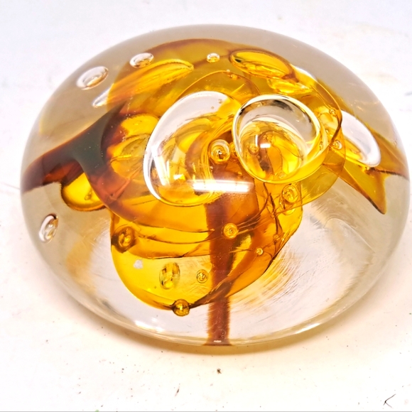 Art Glass Paperweight With Amber Swirl Inside - Picture 4 of 6